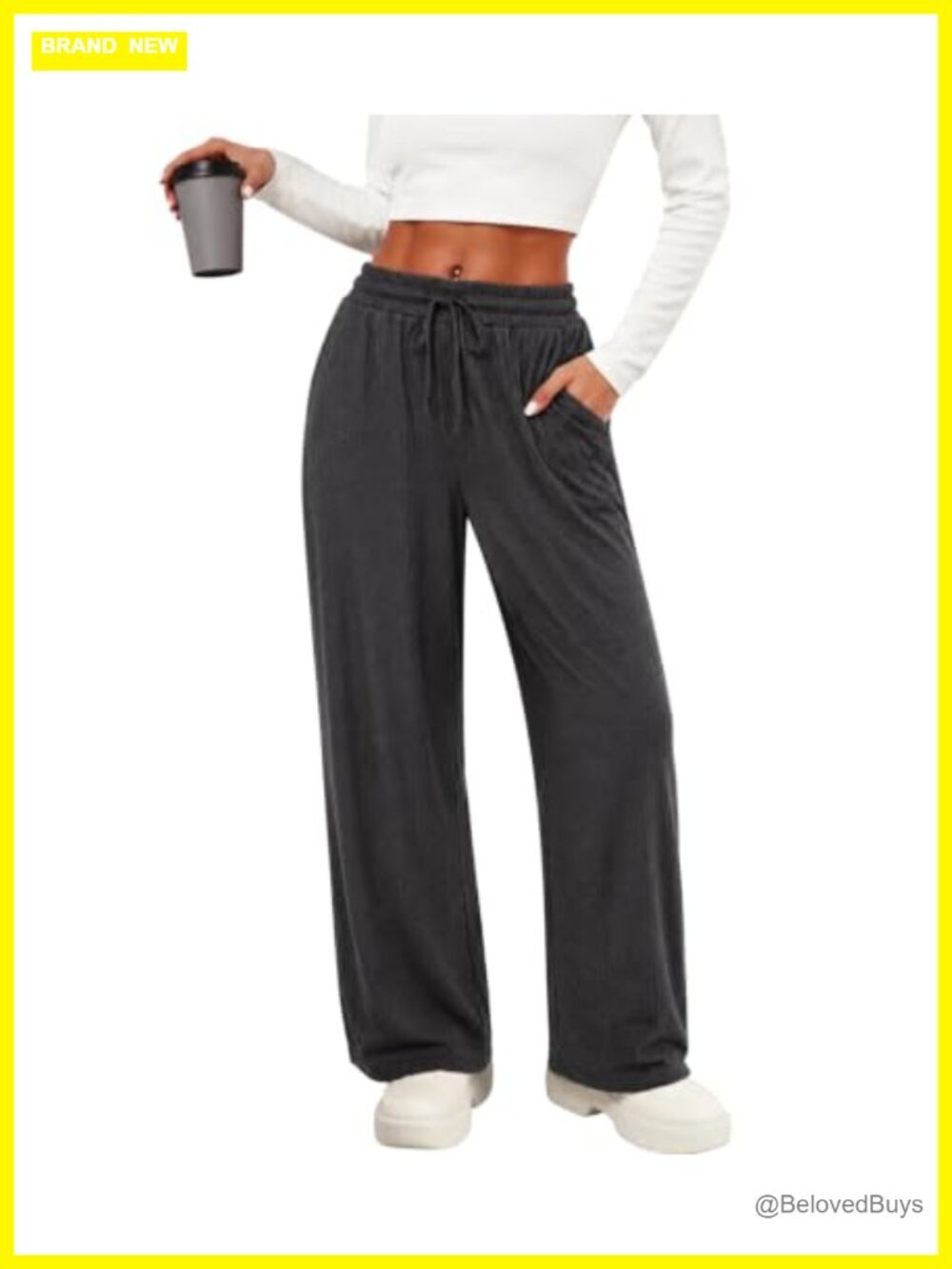 Womens Wide Leg Lounge Pants Ribbed Knit Drawstring Pull On Trousers
